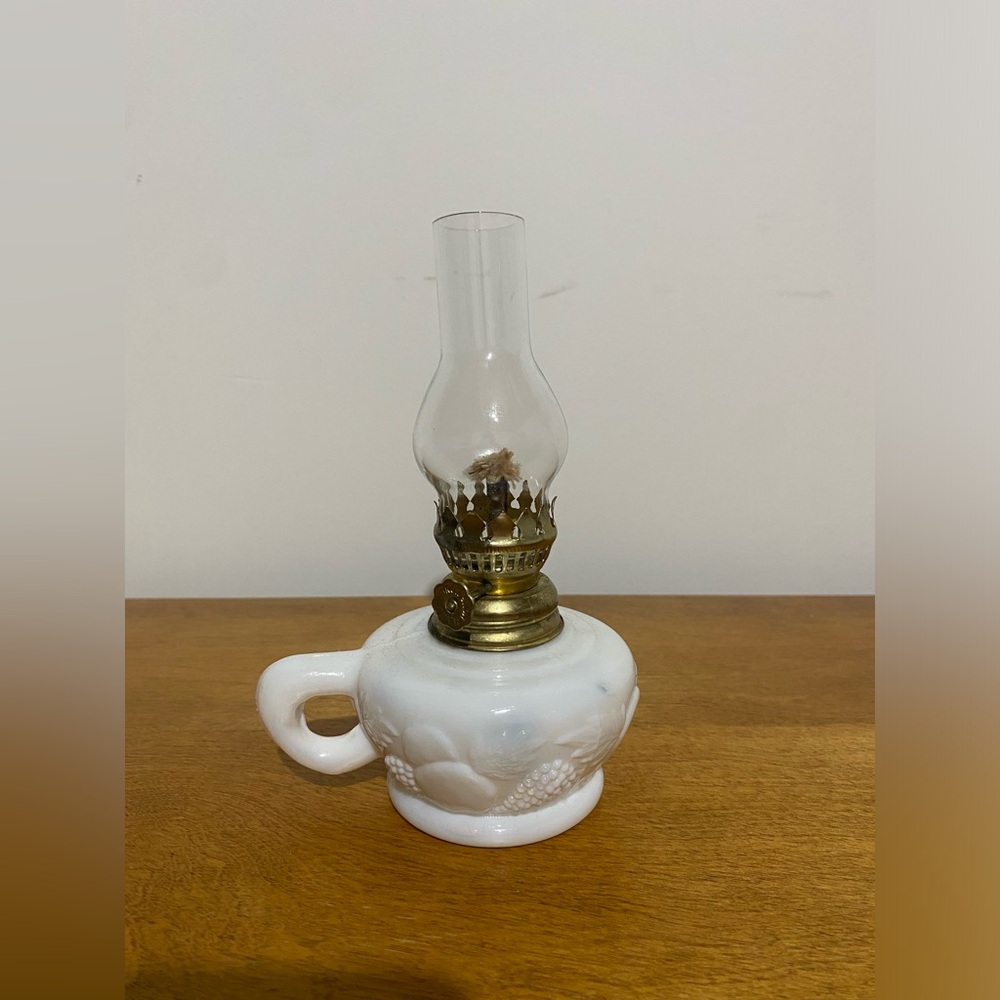 Vintage White Oil Lamp with Brass Accents